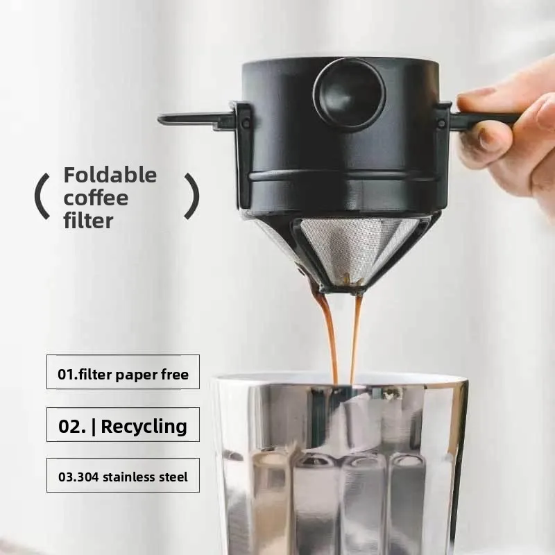 Collapsible Double-Layer Coffee Filter Cup: Food-Grade Stainless Steel, Portable Pour-Over Tool