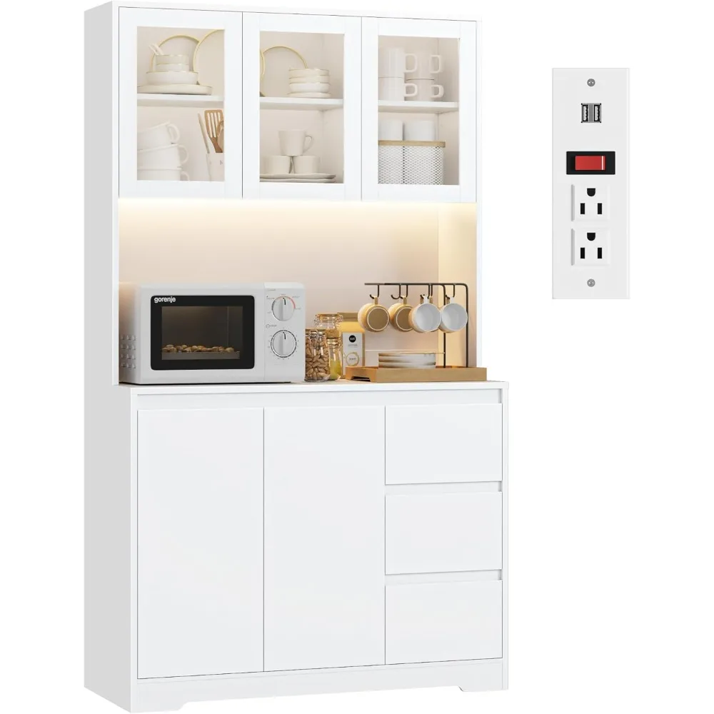 Kitchen Cabinet, LED Lights and Charging Station, Kitchen Hutch Cabinet with Storage and Microwave Stand, Cabinets Kitchen image 6