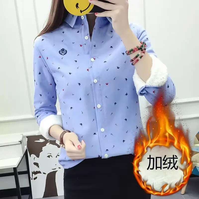 

New Velvet Thick Warm Women's Shirt 2024 Female Long Sleeve Tops Winter Thick Fleece Casual Blouse Autumn Print Clothes XXXL