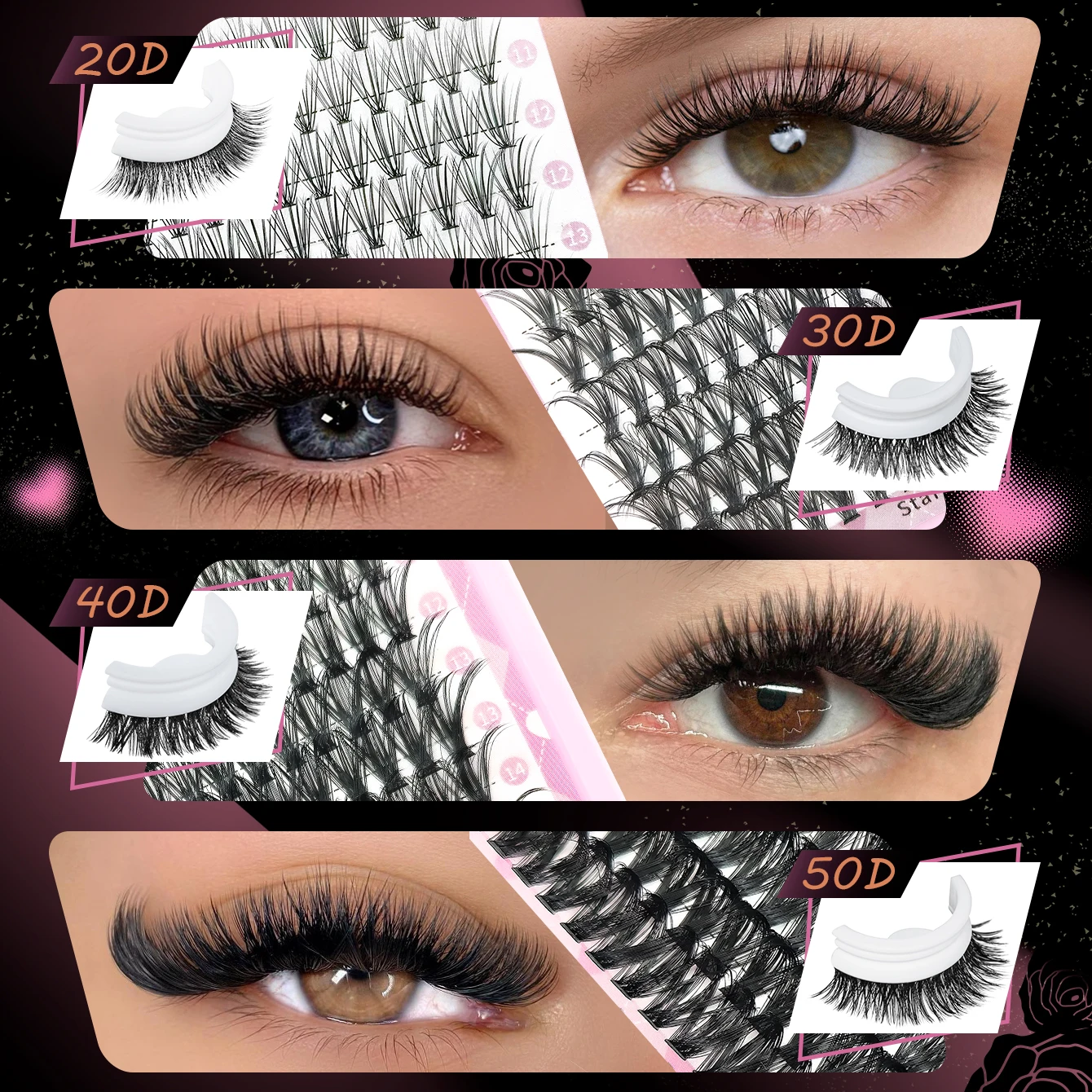 800 قطعة - كتيب رموش عنقودية عالية السعة مع أدوات تطبيق، مثالي للحفلات والمراحل والاحتفالات الاحتفالية الأخرى