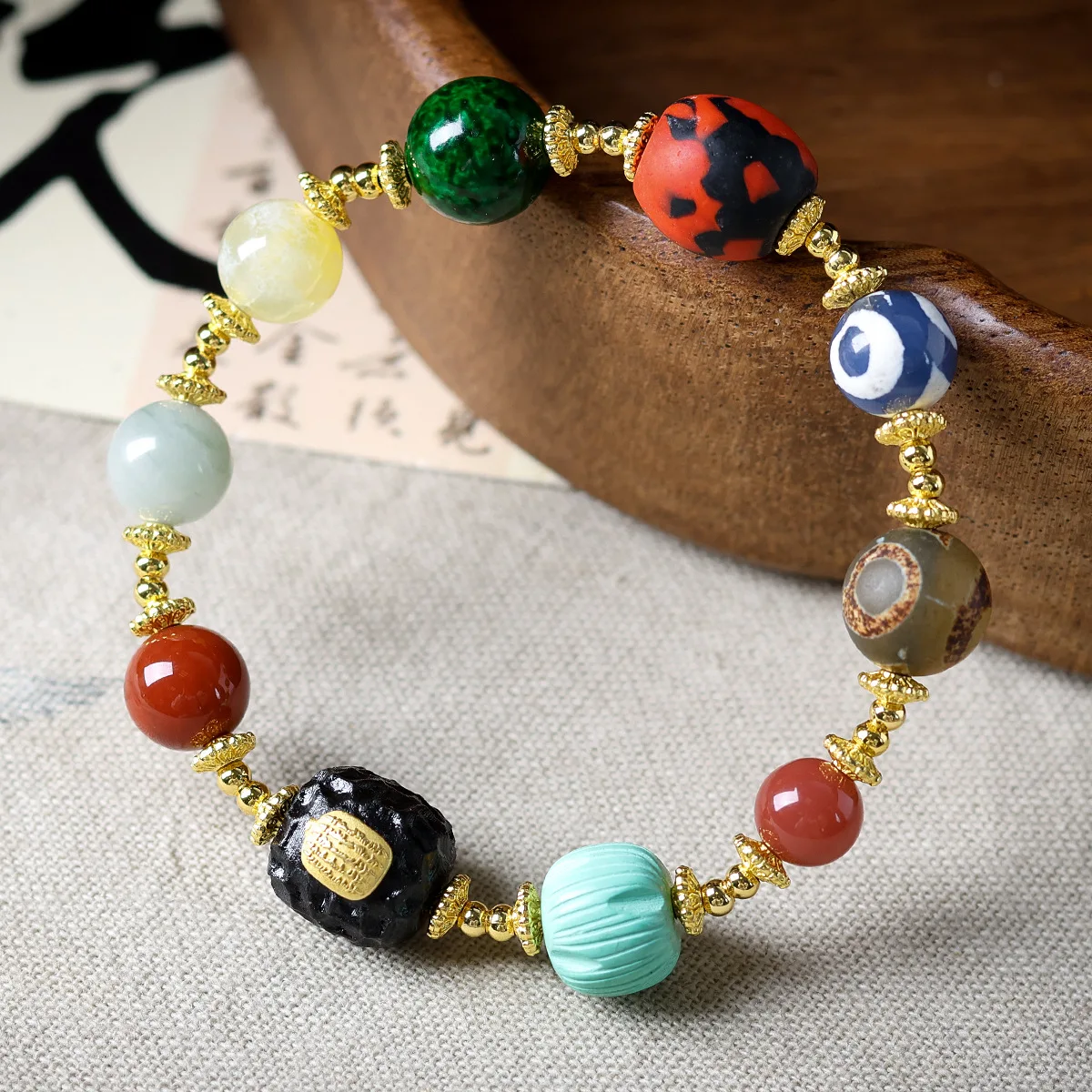 

Original Design Multi Treasure Bracelet with Green Beads Turquoise Like Nepalese Glass Beads for Women Gifts