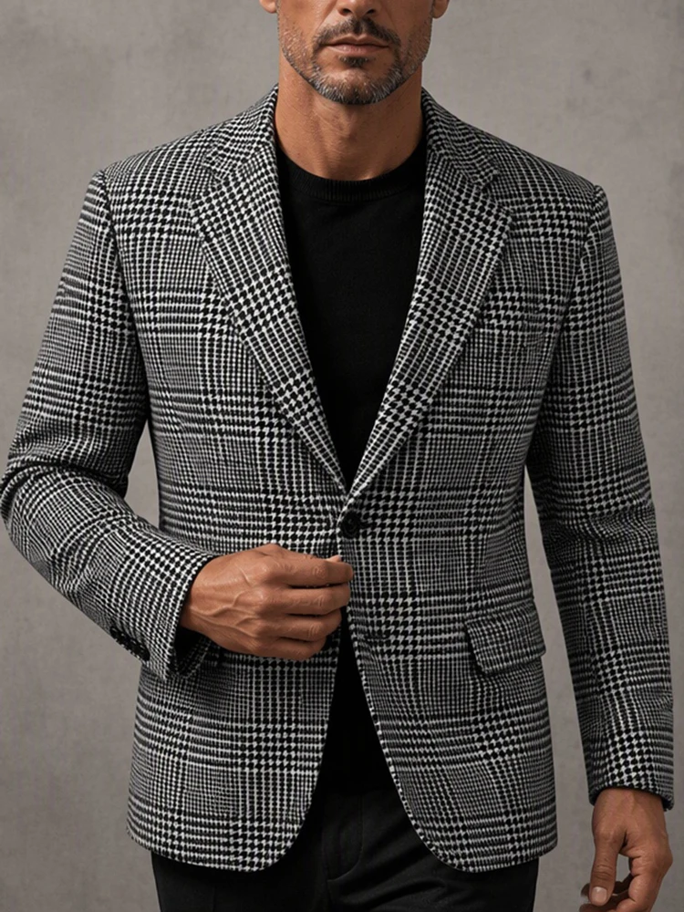 Men's Classic Black White Houndstooth Plaid Blazer Notched Lapel Two Button Suit Jacket Office Dinner Party Business Sport Coat