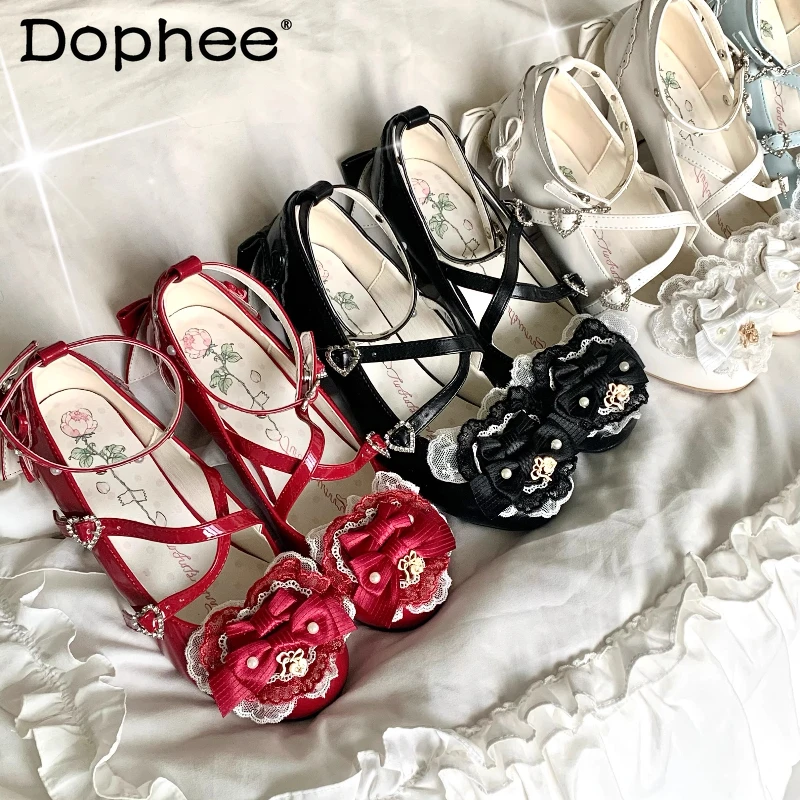 

Original New Lolita Princess Tea Party Mary Jane Shoes Spring and Autumn New Girls' Cute Bow Lace Sweet Elegant Mid Heel Pumps