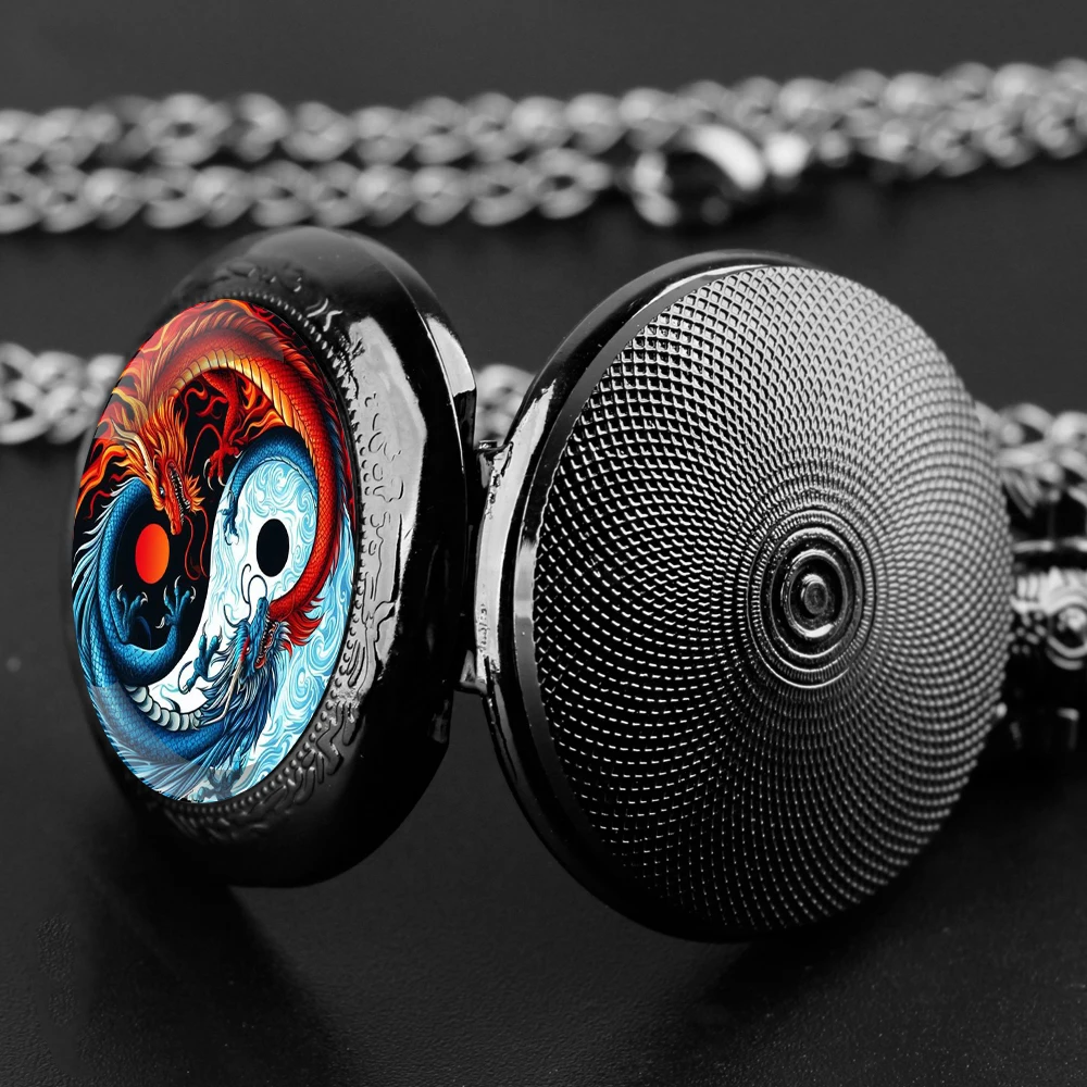 Yin-yang Dragon Glass Dome reloj de bolsillo de cuarzo con cadena duradera, esfera de números árabes, regalos creativos para hombres, mujeres y niños