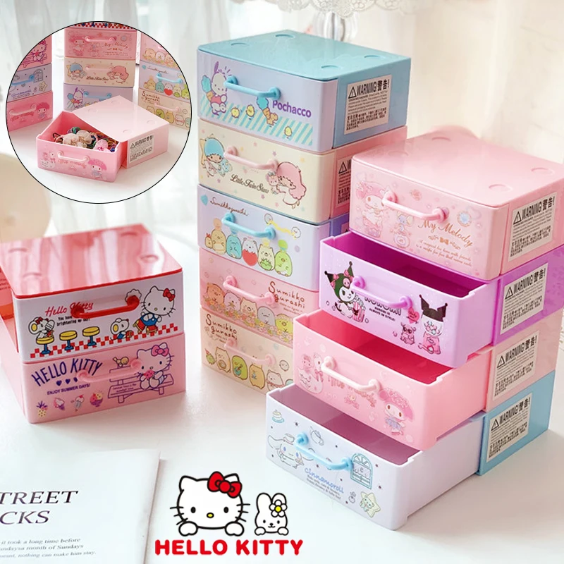 

Hello Kitty Desktop Storage Box Kuromi Cartoon Hand Pull Drawer Box for Remote Control Stationery Cosmetics Earring Ring Jewelry