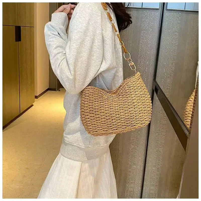 Straw Woven Shoulder Bag for Women Luxury Beach Vacation Handbag Portable Seaside Travel Accessory view 4