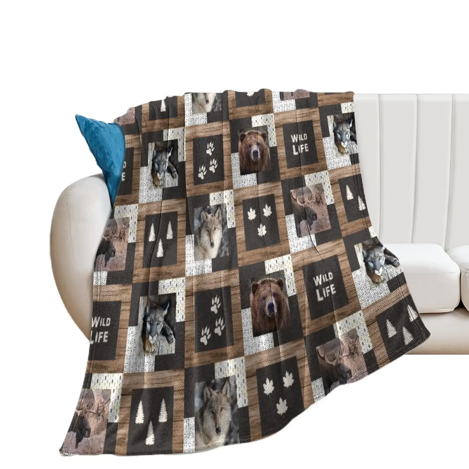 

North American Wildlife Patchwork Throw Blanket Decorative Sofas Quilt Blankets