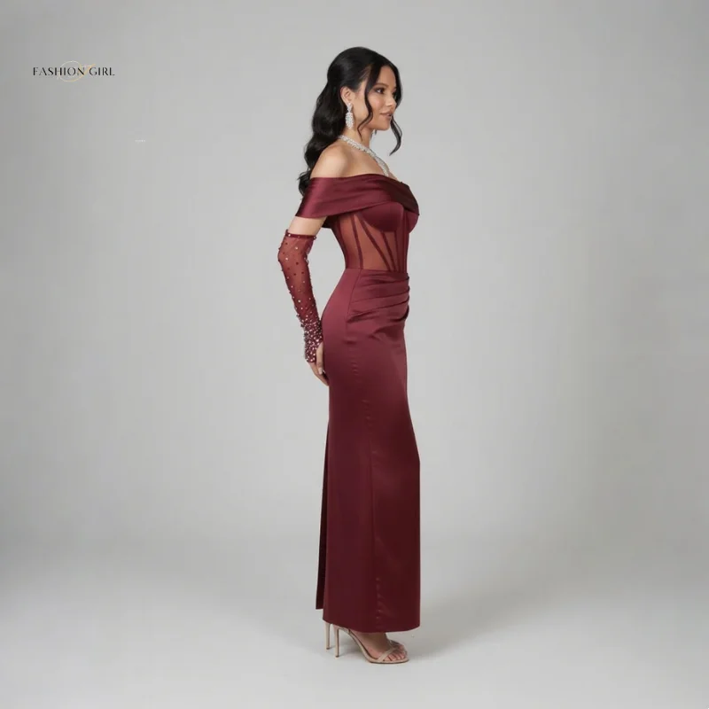 Customized Wine Red Cocktail Dress 2025 Transparent Corset Element Evening Dress With Beaded Long Gloves Wedding Guest Dress