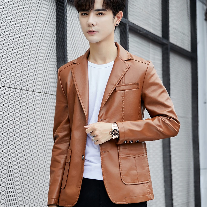 

New Men Business Casual Leather Jacket Men's Suit Collar Coats Korean Style Trendy Slim Fit Top Handsome And Cool Outerwear