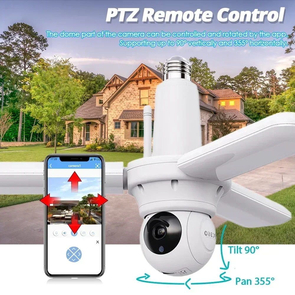 5MP WIFI Security PTZ Camera E27 Bulb Floodlight Auto Track Video Wireless Surveillance IP Cameras Wi-Fi PTZ Home Night Vision