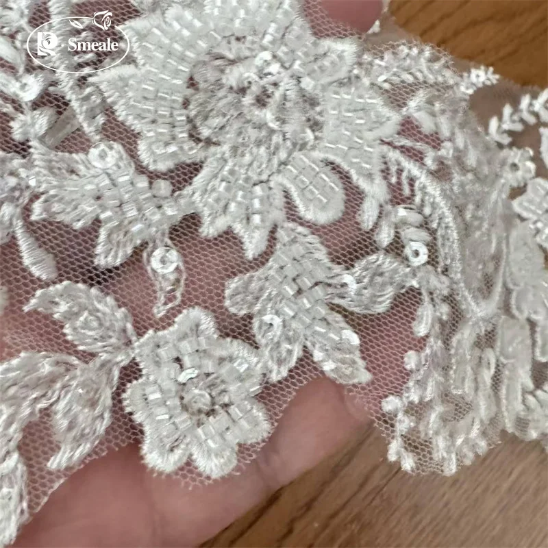 3 Yards hochwertiger weißer Perlenstickerei-Spitzenkopfschleier, Hochzeitskleid, dekorative Accessoires, handgefertigte Spitze zum Selbermachen – Detail 6