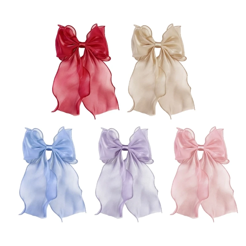 39BC Elegant Large Bowknot Hair Clip French Design Long Tail Tulle Barrette For Women