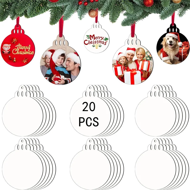 20PCS Blank MDF Christmas Ornaments Xmas Tree Pendant Double-Sided Sublimation Ready Perfect DIY Holiday Decoration