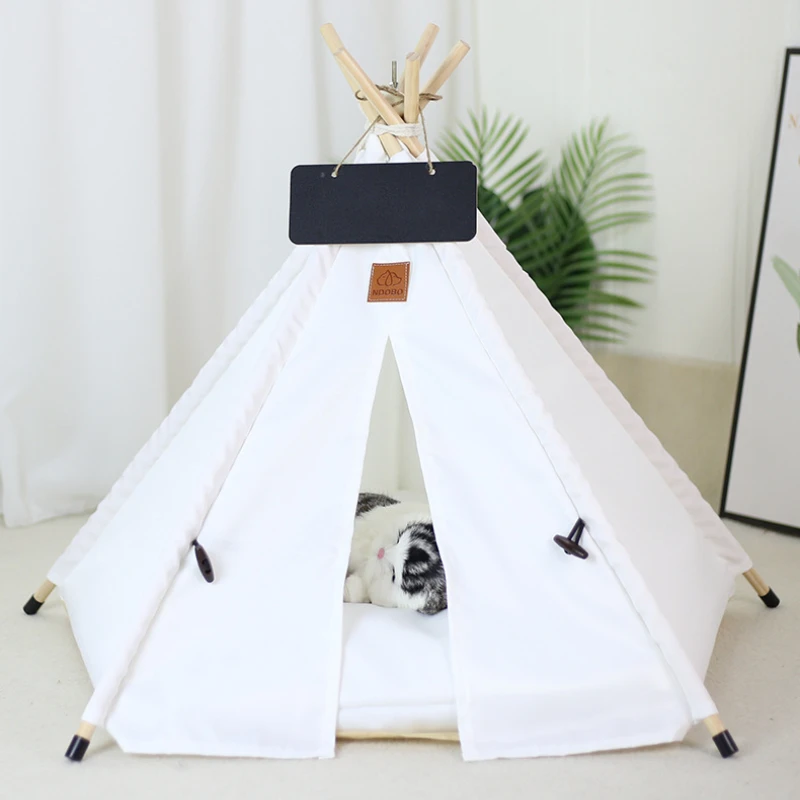 

Pet Teepee Tent for Cats and Dogs Portable Removable Washable Dog House Indoor Puppies House with Cushion and Blackboard Cat Bed