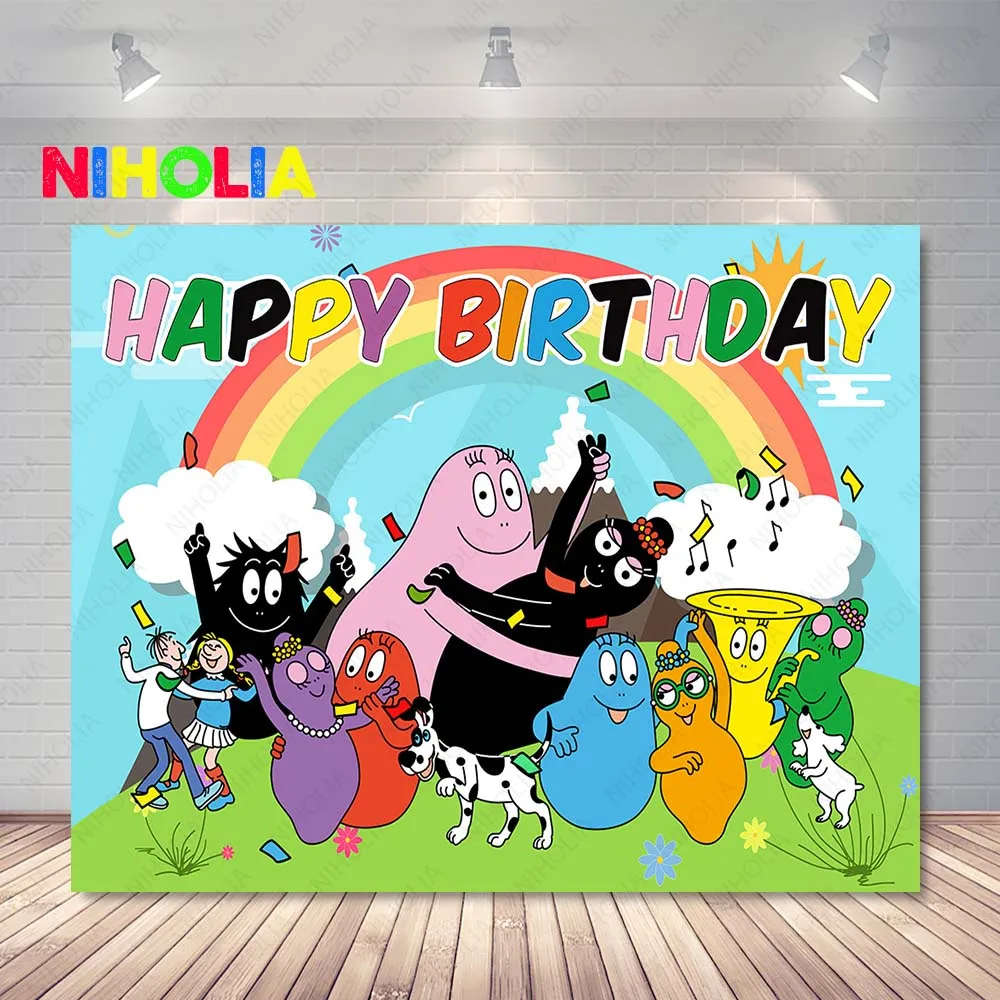 Niholia Barbapapa Photography Backdrop Kids 1st Birthday Rainbow Baby Photo Background Cartoon TV Vinyl Photo Booth Props