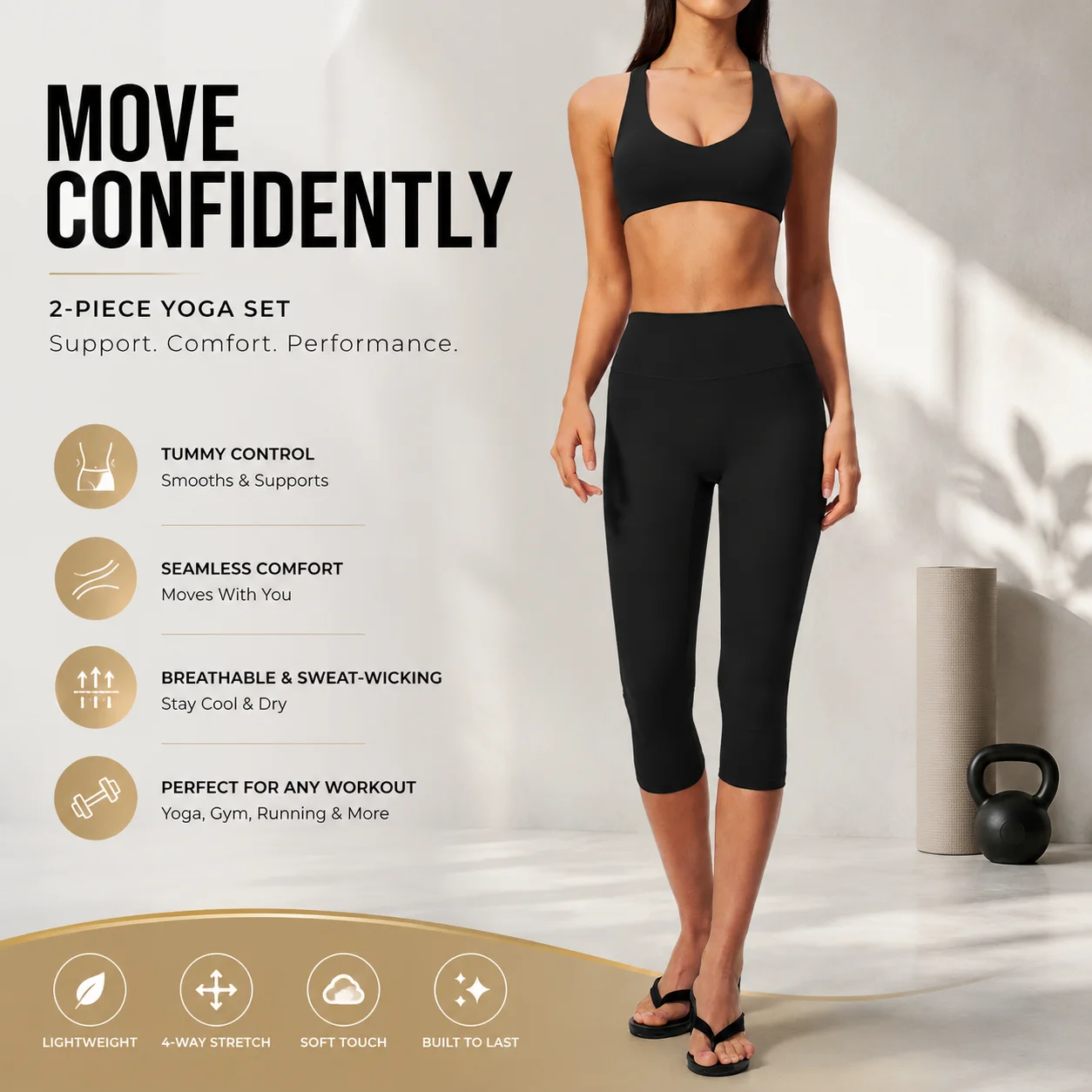 Women's 2-Piece Yoga Set Wide Strap Sports Bra and High Waist Seamless Capri Leggings Matching Workout Outfit with Tummy Control