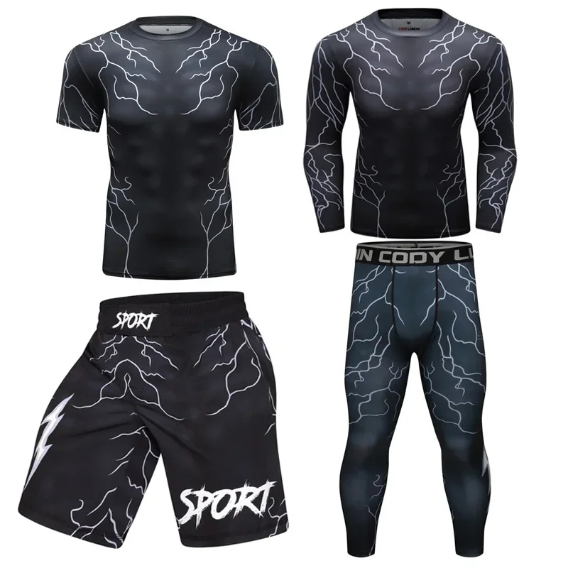 New Compression MMA Rashguard T-shirt Pants Set Men\'s Rashguard Muay Thai Shorts Rash Guard Sportswear Gym Bjj Gi Boxing Jerseys