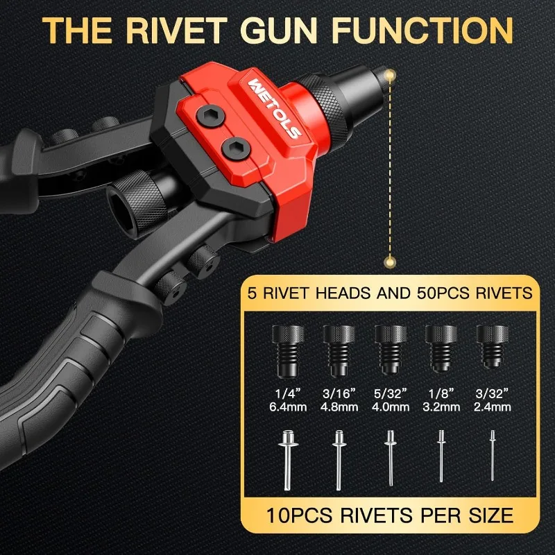 Ferramenta de porca de rebite 3 em 1, kit profissional de arma de rebite com 5 cabeças de rebite e 6 mandris métricos e SAE