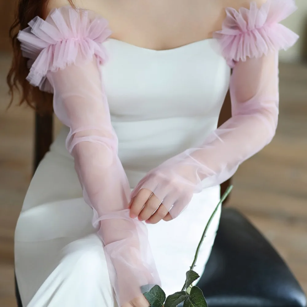 Geschenk Koreanischen Stil Braut Arm Ärmel Einfarbig Atmungsaktive Hochzeit Lange Ärmel Gaze Garn Plissee Spitze Arm Abdeckungen Maskerade