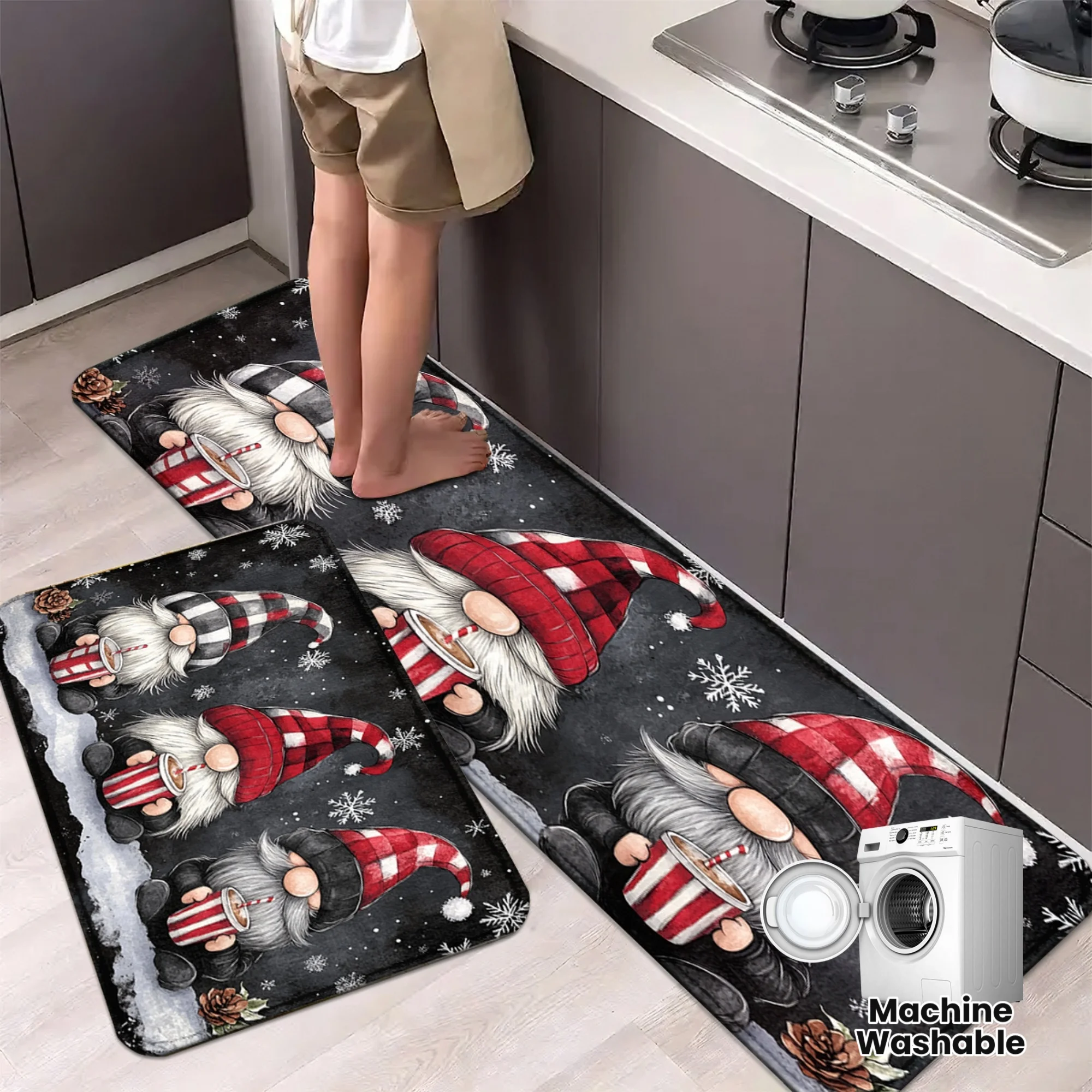 VIKAMA Farmhouse Christmas Kitchen Rug Set Anti Slip Machine Washable Mat Snowflake Pine Cone Winter Floor Runner Carpet Rug