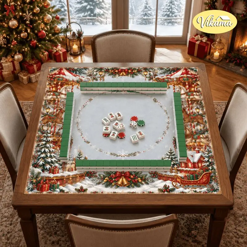 VIKAMA Christmas Mahjong Mat Carousel Reindeer Cottage Sleigh Soft Non-Slip Mahjong Play Mat Game Room New Year Festival Decor
