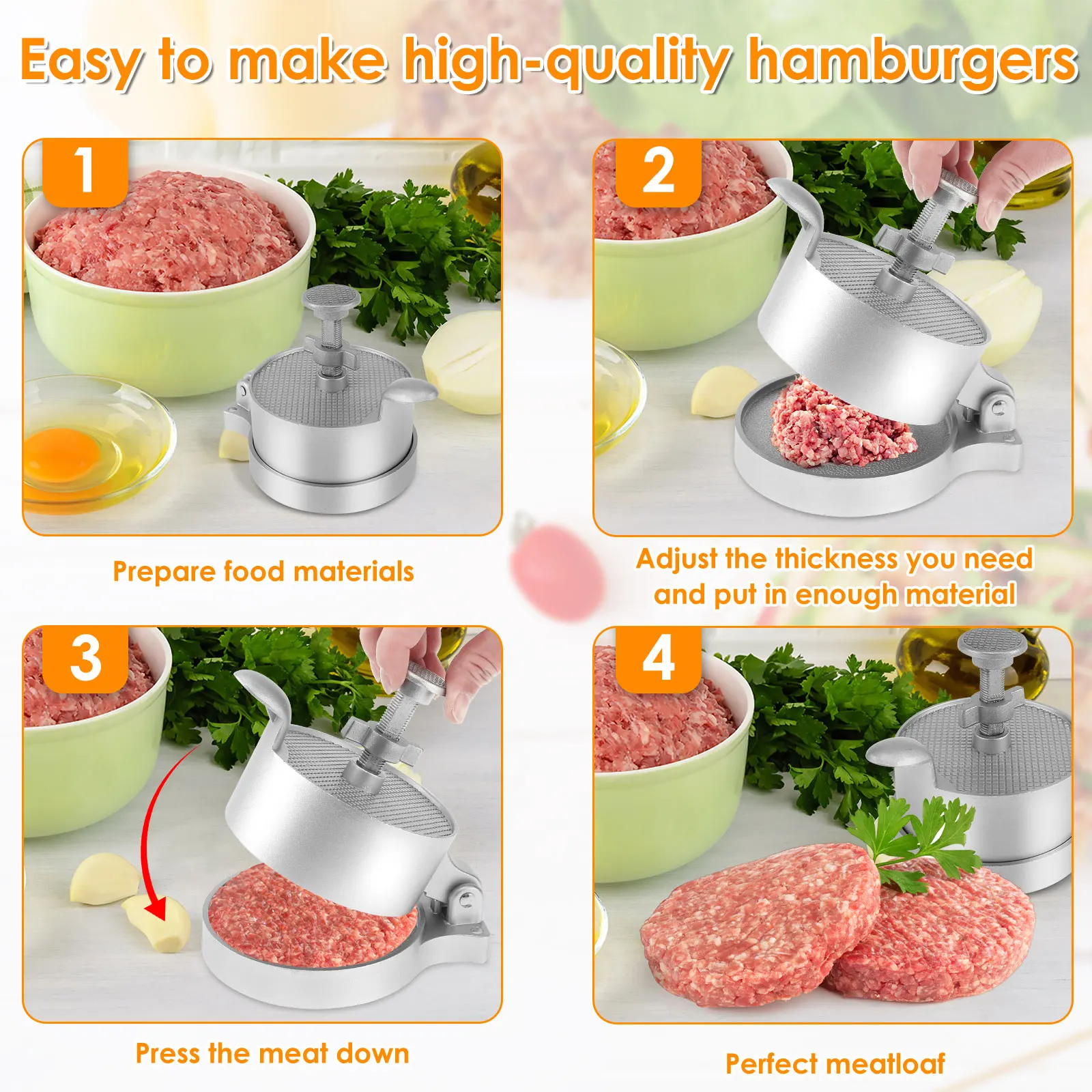 Burger Press Adjustable Hamburger Patty Maker Heavy-Duty Aluminum Alloy Patty Maker Makes Patties From 1/4 Lb To 3/4 Lb