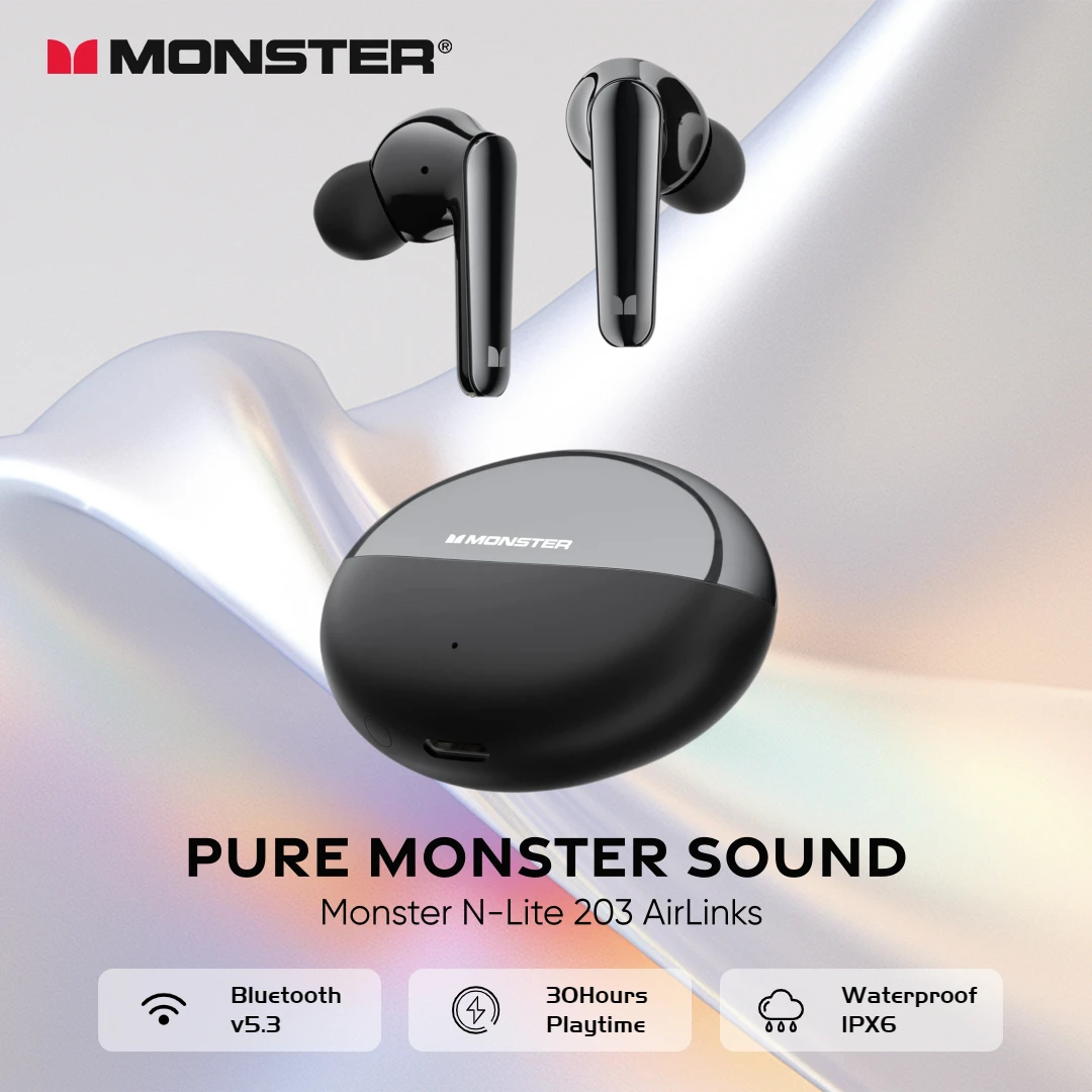 

Monster N-Lite 203 Airlinks TWS Bluetooth Headphone Stereo HD Call Wireless Earphones IPX6 Waterproof Sports Earbuds with Mic