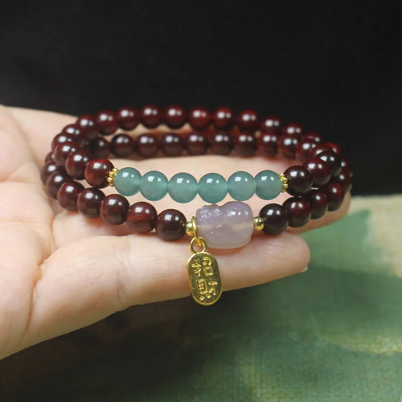 Blood Sandalwood 6mm Double Circle Pixiu Bracelet, Purple Sandalwood Bead Bracelet, Unisex Chinese Style Jewelry, Buddhist Praye