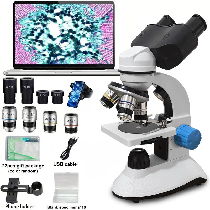

Микроскоп для взрослых, 40X-2500X с 4 объективами, бинокулярный микроскоп для школьной лаборатории и домашнего образования, портативный микроскоп