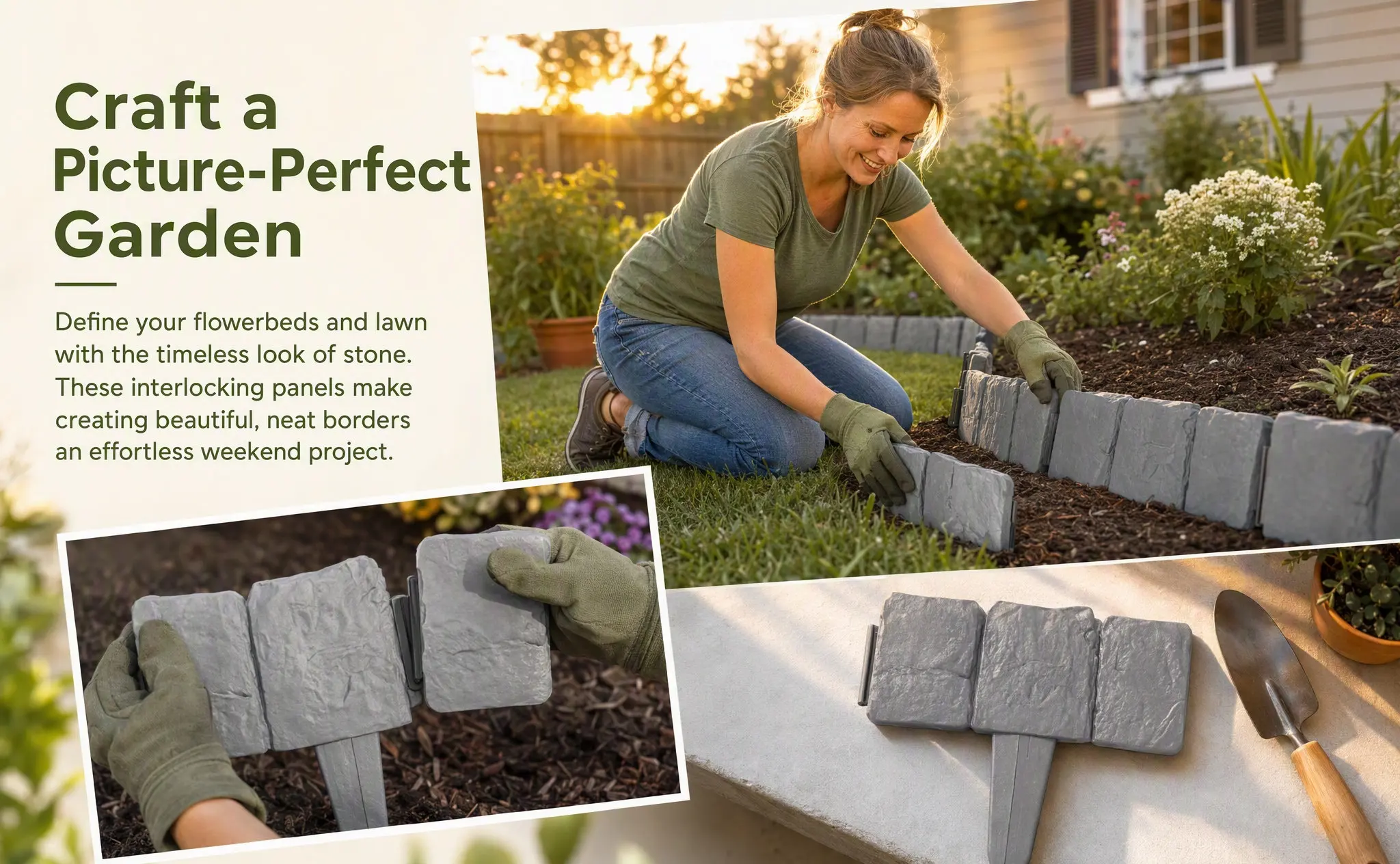 20pcs Plastic Garden Edging Fence – Stone Simulation Lawn Border, Easy Install Mower Guide for Path & Tree Bed