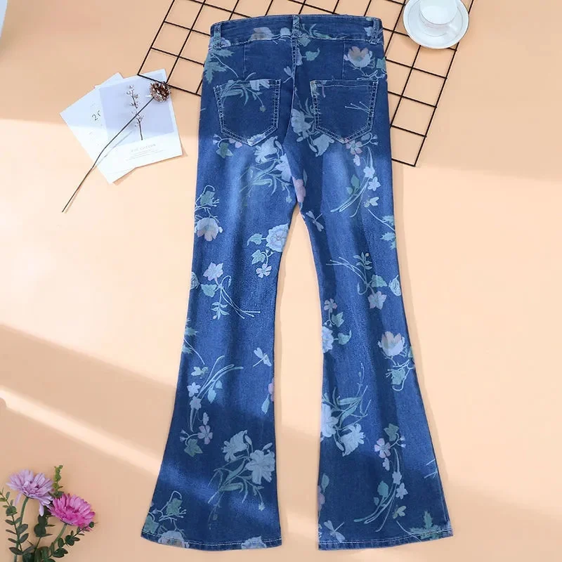 Thin Print Jeans Elastic Micro-Trumpet Jeans Female Summer High Waist Joker Personality Traight Tube Denim Long Pants Women