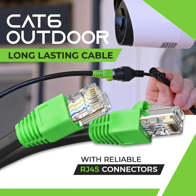 RJ45 Cat-6 Ethernet Patch Cable, 10Gpbs Transfer Speed, Gold-Plated Connectors, Copper Clad, Outdoor, UV Resistant, Direc