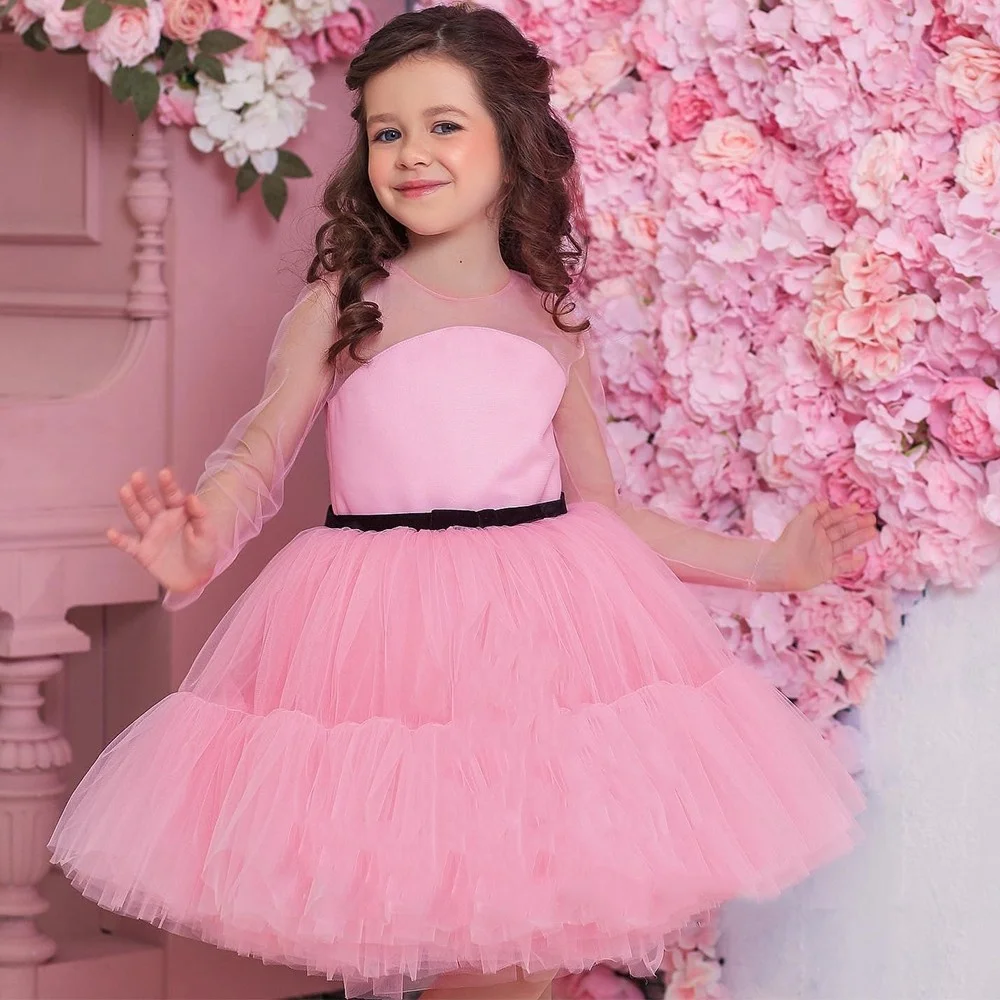 Pink Flower Girl Dresses Full Sleeve With Soft Tulle 2023 Round Collar Wedding Party Gowns New Tiered Communion Customization