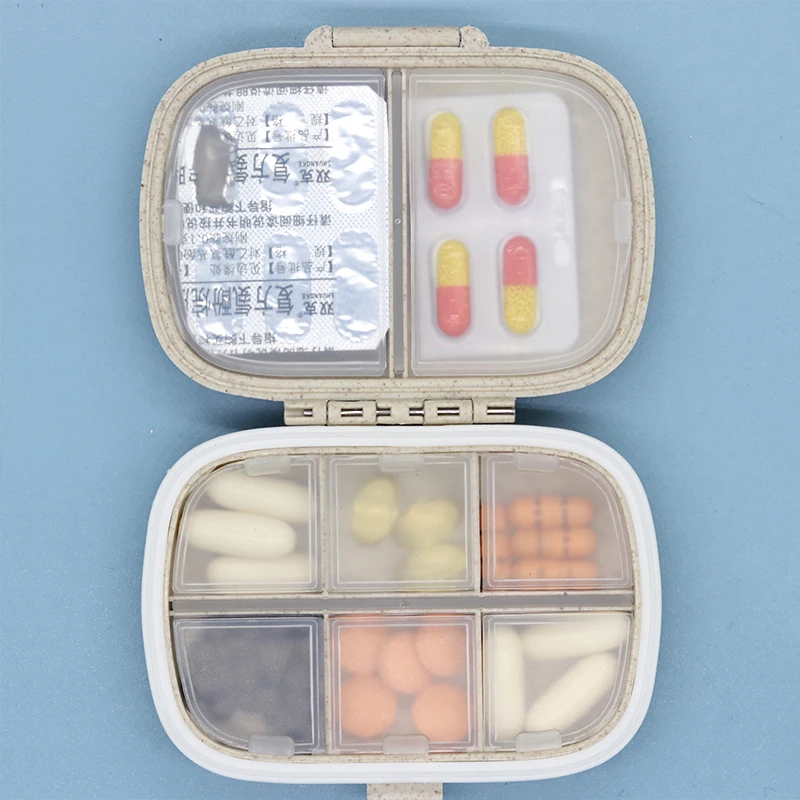 

8 Grids Tablet Organizer, Travel Pill Box with Sealed Ring, Small Tablet Box, Wheat Straw Medicine Container organizer box