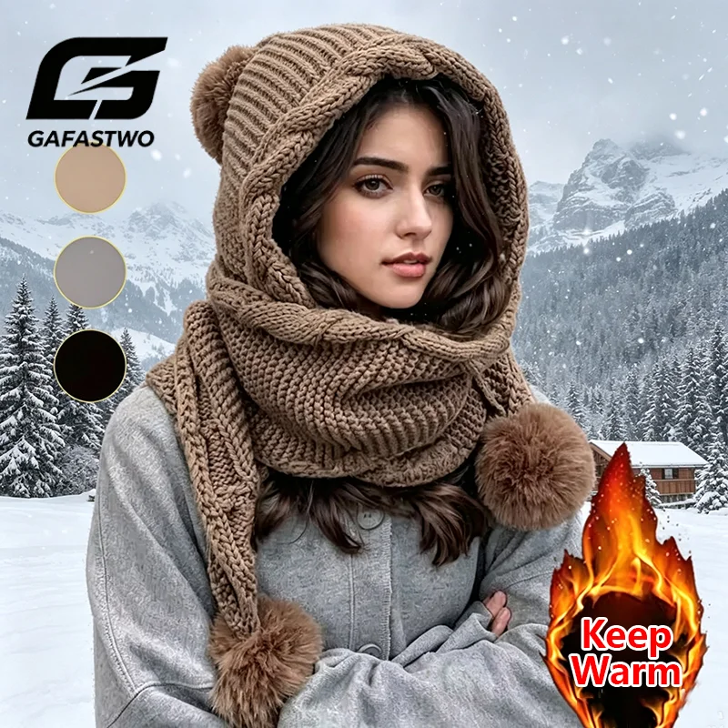 Winter Hat & Scarf Combo for Women - Thick Knit Beanie with Pom Pom & Ear Flaps One-Piece Wool Bonnet for Extreme Cold