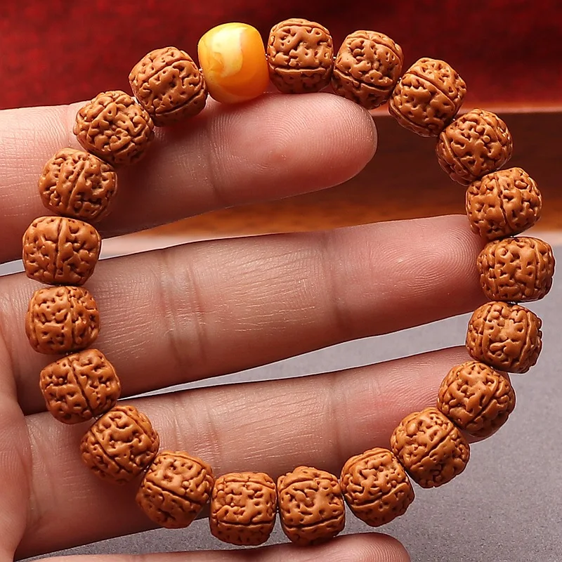 Yellow-skinned Buddha beads with double dragon pattern, small Rudraksha seed bracelet, single-loop, for cultural and trendy coll