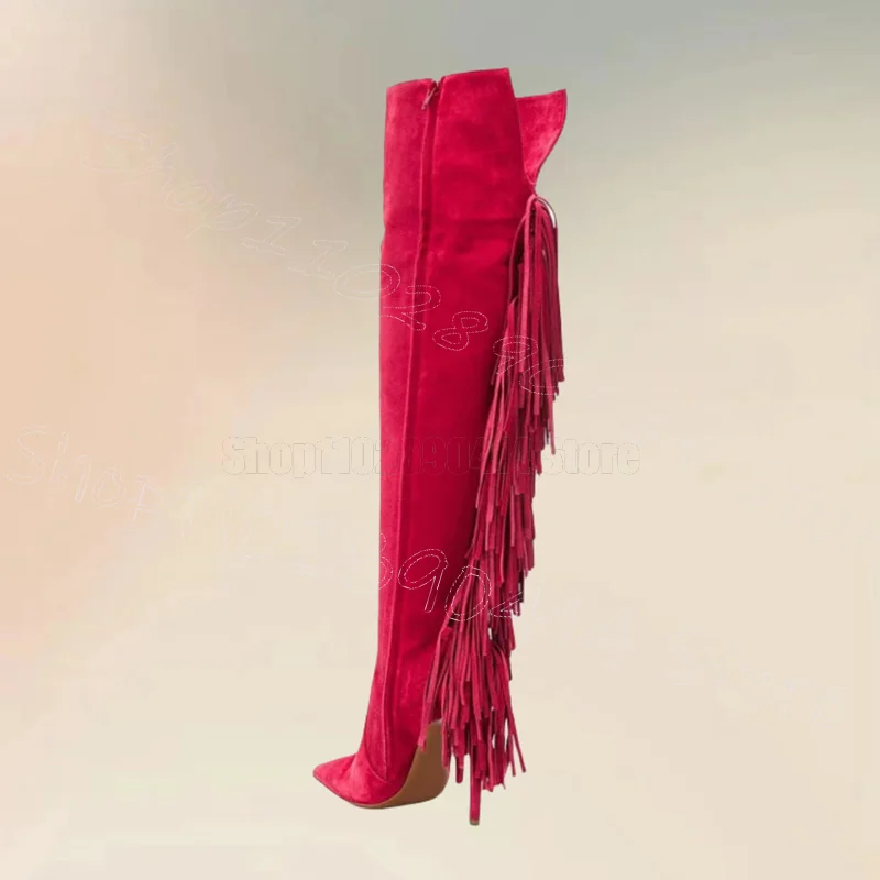 ローズレッドタッセルスエードポインテッドトゥブーツサイドジッパー女性用シューズ細ヒールハイヒール新作パーティー宴会デート2025女性用靴
