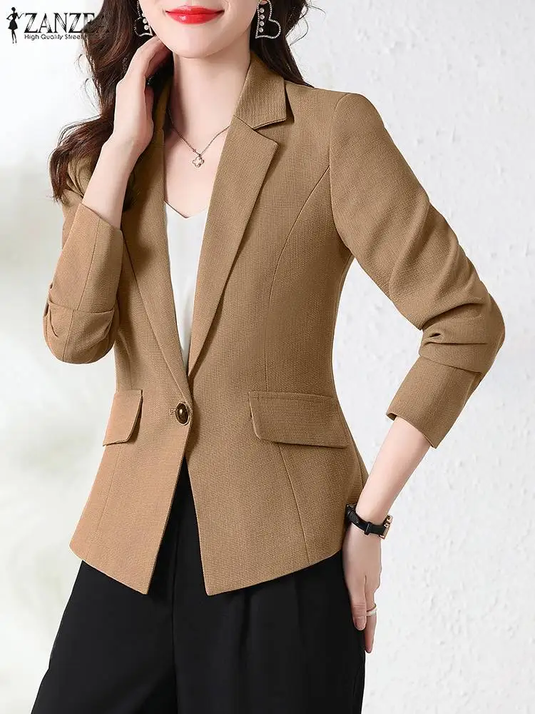 Zanzea-Fatos elegantes de blazer OL feminino, jaquetas casuais, roupas de trabalho sólidas, manga comprida, gola lapela, moda feminina, outono