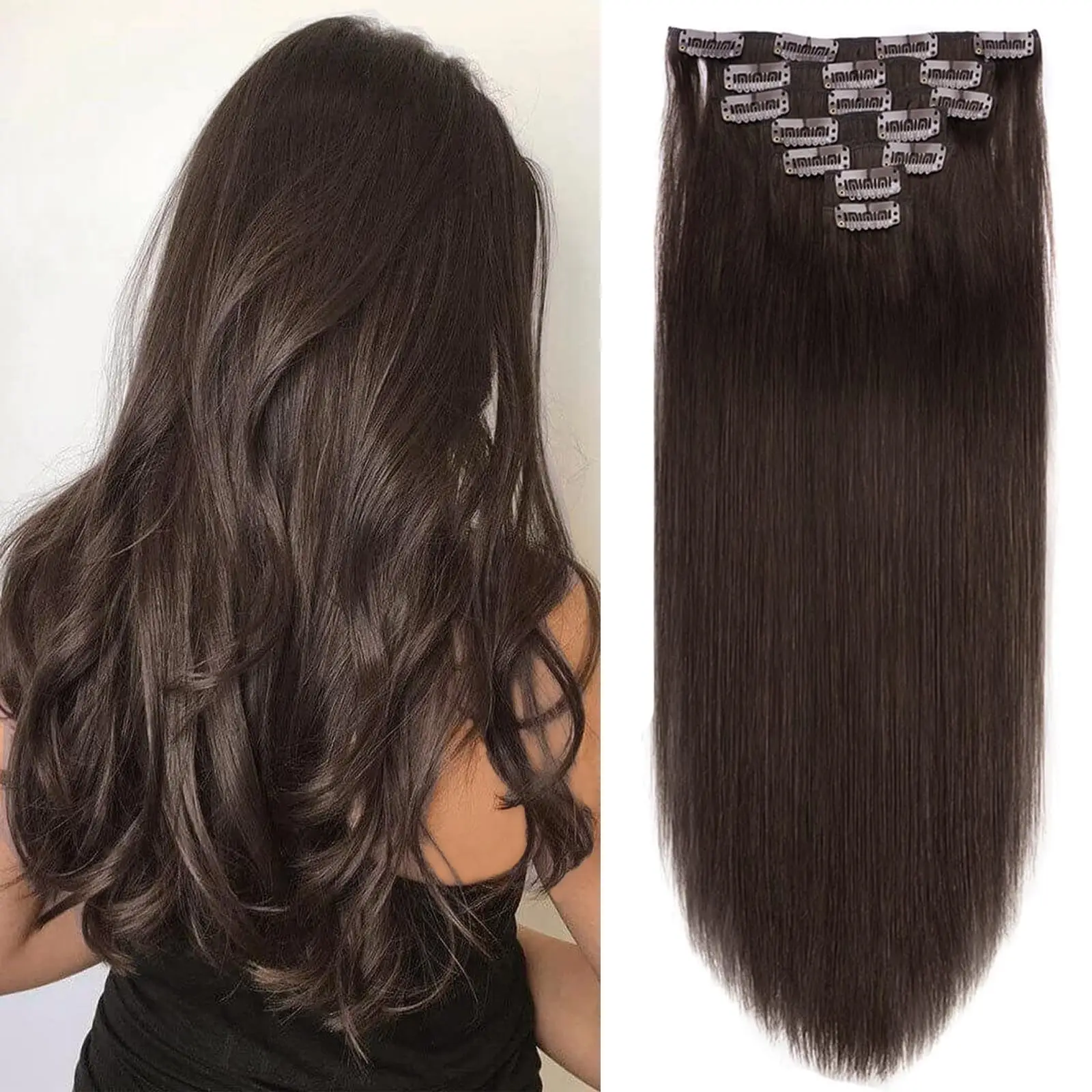 

Premium 100% Human Hair Clip In Extensions 7 Pieces Straight Hair Custom Color Length Density Wigs & Wefts