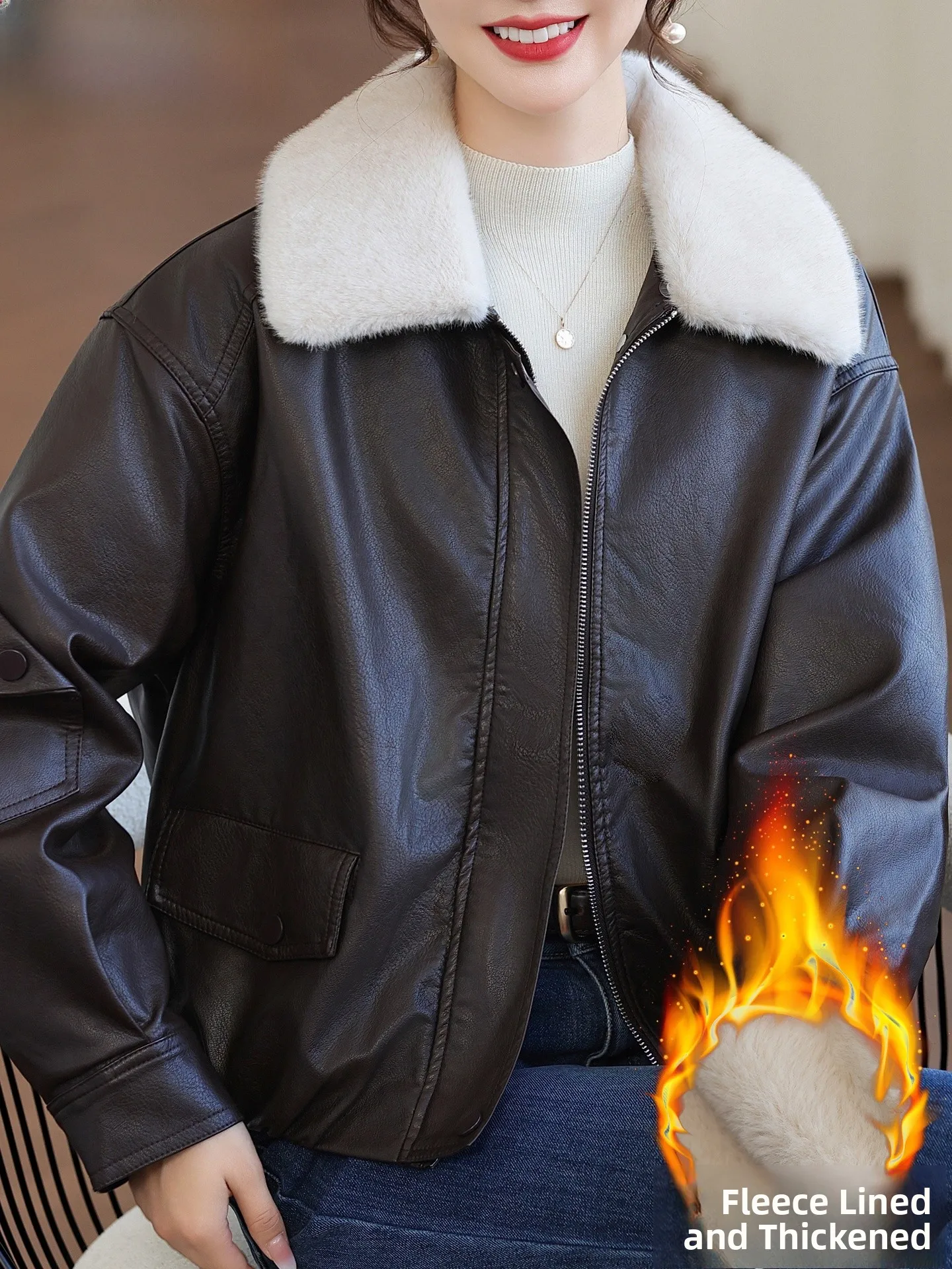 Giacca in Pelle da Donna Imbottita, Cappotto Caldo e Soffice per Donna di Mezza Età, Elegante per Autunno e Inverno