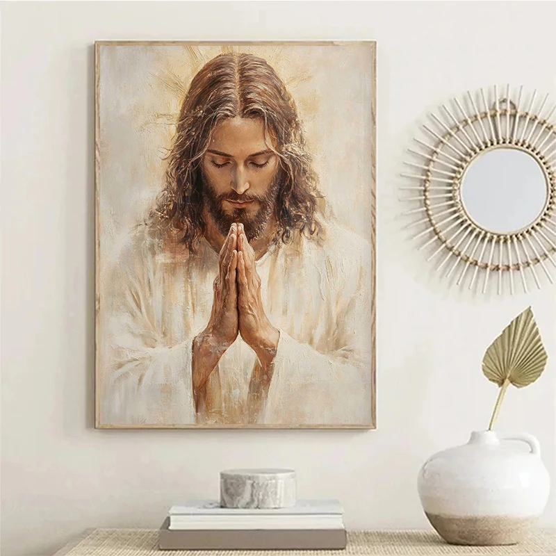 Jesus Meditating Oil Painting Jesu with Girls Poster Print Canvas Printing Retro Wall Art Picture for Christian Home Decor Gift