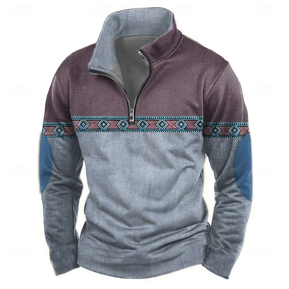 Fashion Stand Collar Men's Half Zip Long Sleeve Sweatshirts Vintage Nation Style Tops Autumn Winter Casual Pullover Men Clothing - Image 2