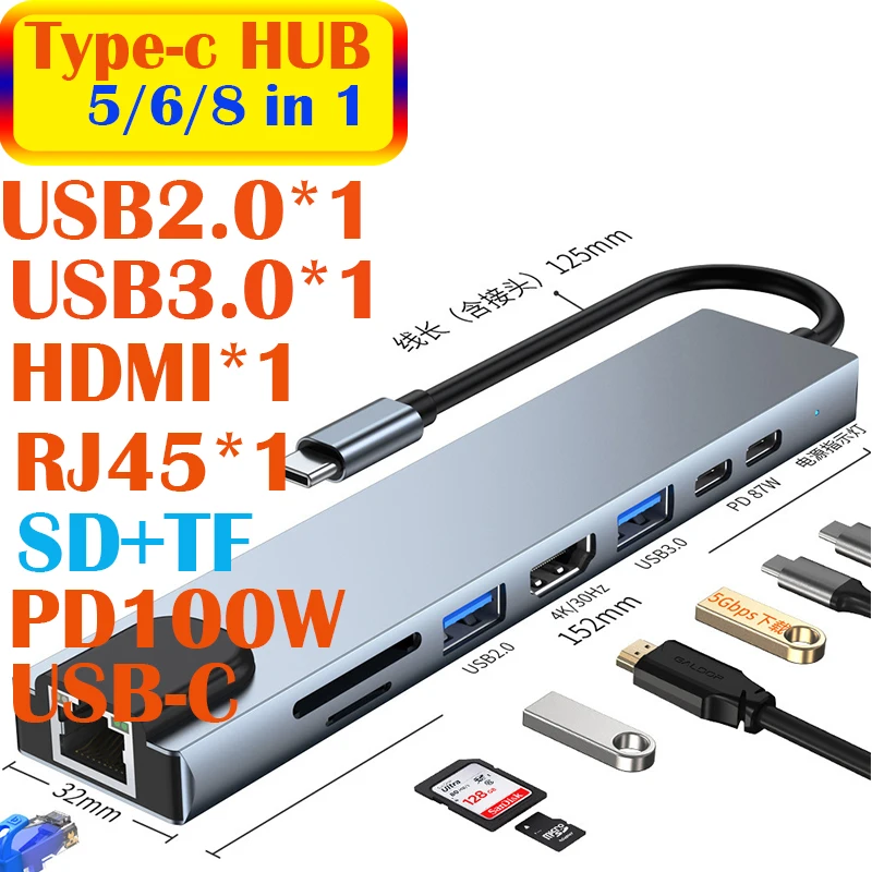 Док-станция Type-C USB C Hub 3.0 Разветвитель Многопортовый адаптер 4K 30 Гц HDMI RJ45 PD100W для ноутбука MacBook Ipad Huawei
