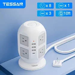 TESSAN Tower Surge Protector Power Strip with 8 Outlets 3 USB Ports 1 Type C 10ft Ultra Thin Flat Extension Cord for Home Office