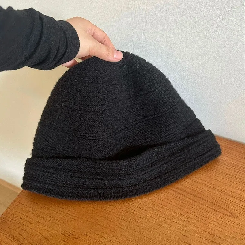 Women Wool Knit Slouchy Beanie, Unisex Pleated Rolled Brim Wrap Hat No Brim Cold Cap for Autumn Winter