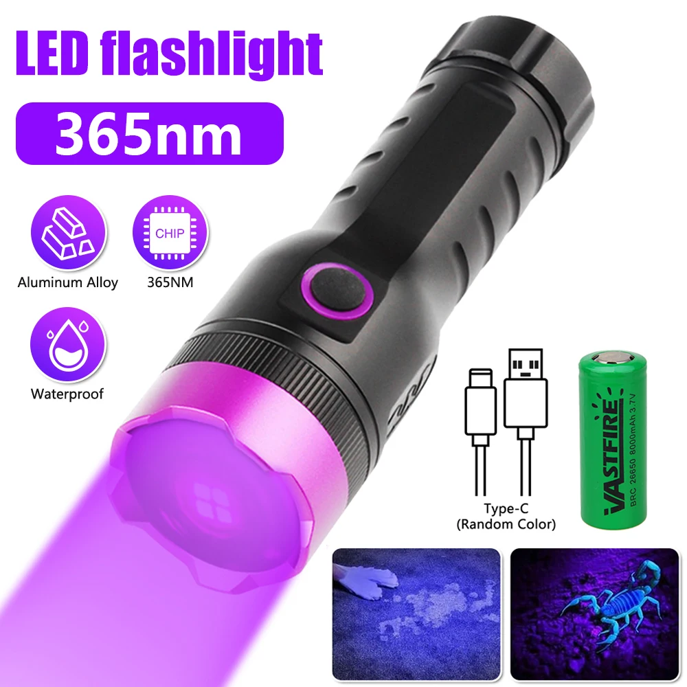 

UV Flashlight 365nm LED Ultraviolet Torch Ultra Violet Lights Rechargeable Cat Dog Urine Tinea Fluorescence Light Detector Tools