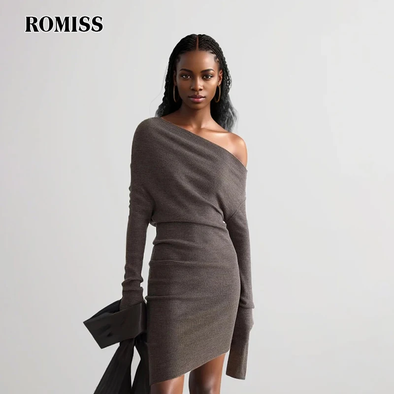 ROMISS Solid Slimming Asymmetrical Knitting Dresses For Women Diagonal Collar Long Sleeve High Waist Casual Fashion Dress Female