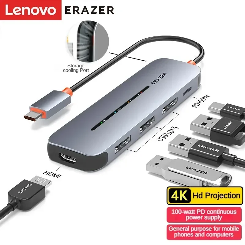 

Lenovo ERAZER Type-c Docking USB-C To HDMI Spliter Macbook Phone 4k Projection Screen Huawei for Apple Computer 5 in 1 Converter