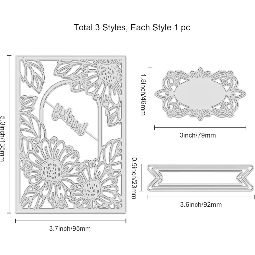 ひまわりフレーム金属カッティングダイ、背景ステンシル、DIYスクラップブッキング、結婚式、誕生日、バレンタインデーカード、3個