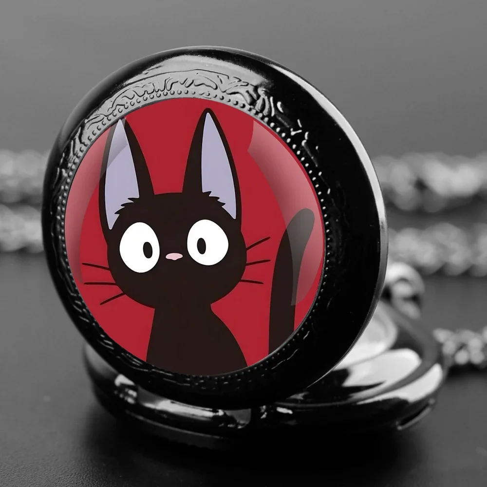 

Cute Black Cat Glass Dome Glass Quartz Pocket Watch Men Women Necklace Accessories Clock Gifts for Children Souvenirs Relógio